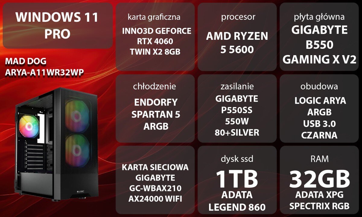 Komputer MAD DOG ARYA-A11WR32WP Grafika przedstawiająca specyfikację komputera, z podziałem na podzespoły. W lewej części znajduje się model komputera, a obok niego informacje o podzespołach, opis