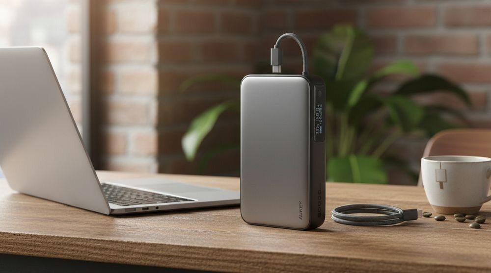 Powerbank AUKEY z wbudowanym przewodem USB‑C stoi obok laptopa podczas ładowania urządzeń w  biurze 