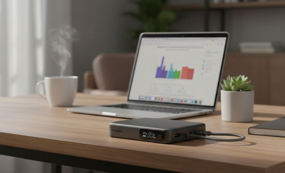 Powerbank AUKEY z wyświetlaczem LED ładuje laptop przez USB‑C podczas pracy biurowej przy drewnianym biurku.