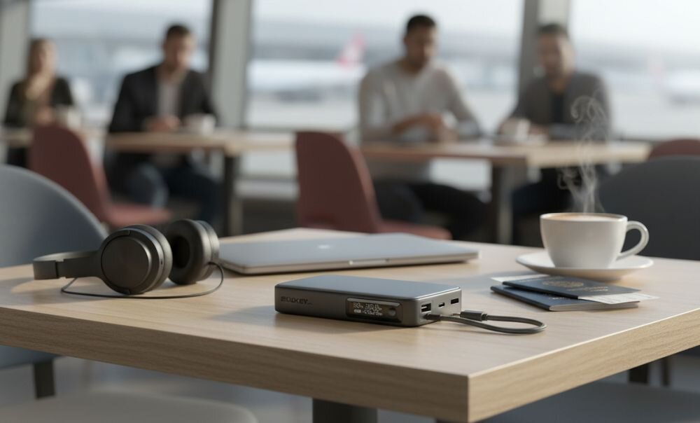 Powerbank AUKEY z portami USB‑C i USB‑A leży na stole konferencyjnym podczas mobilnego ładowania urządzeń w podróży służbowej  