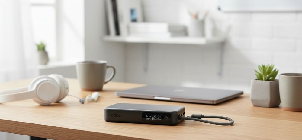 Powerbank AUKEY 20000 mAh z wyświetlaczem LED i przewodem USB‑C leży na biurku obok laptopa podczas pracy zdalnej 