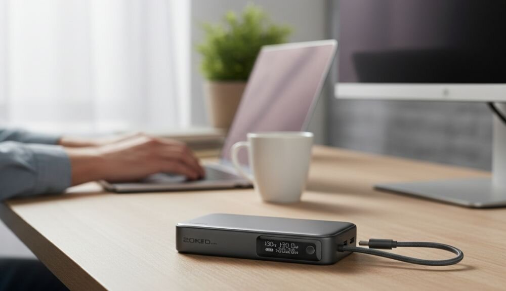 Osoba pracuje na laptopie, a powerbank AUKEY 20000 mAh z przewodem USB‑C stoi na biurku podczas ładowania urządzeń.