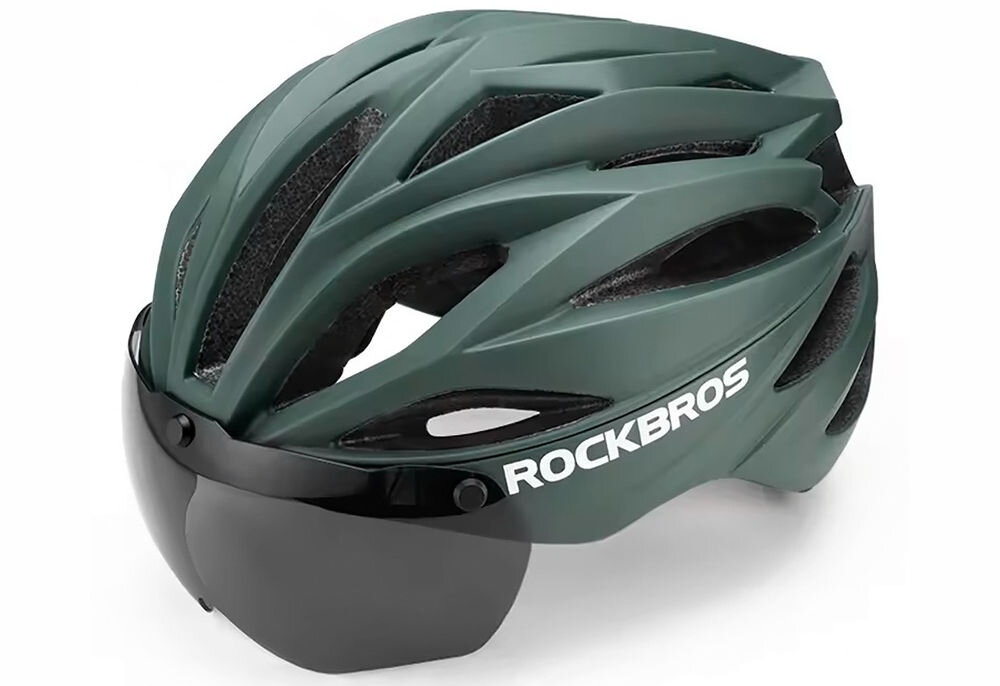 Kask rowerowy ROCKBROS 8386824304053 Zielony Szosowy (rozmiar 58-62), okulary, uv, komfort, ochrona, Zielony kask rowerowy z ciemną osłoną na białym tle.