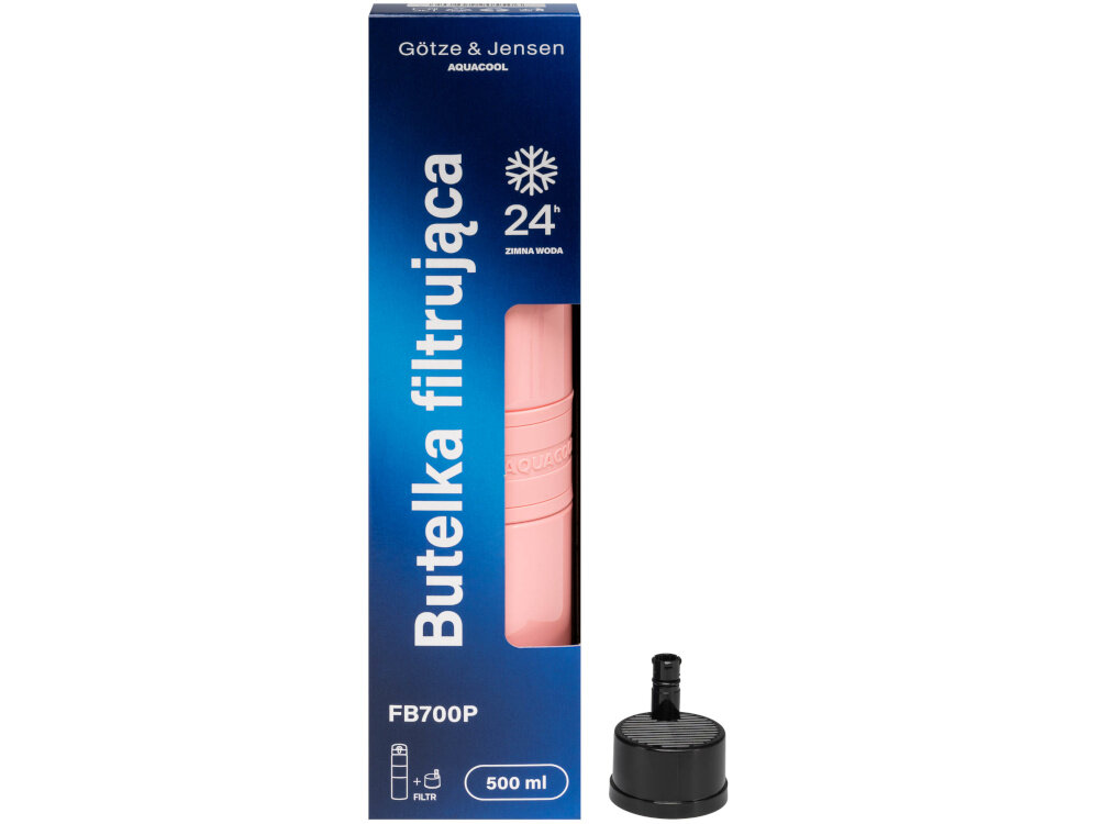 Opakowanie butelki filtrującej Götze & Jensen Aquacool FB700P 500 ml w kolorze różowym z widocznym napisem \'Butelka filtrująca\' oraz symbolem śnieżynki z napisem \'24h zimna woda\'. Obok opakowania znajduje się czarny korek z ustnikiem.