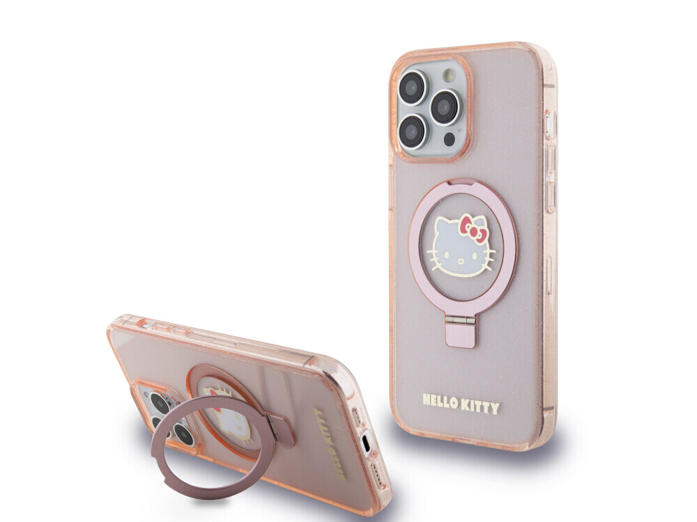 Etui Hello Kitty Ring Stand Glitter Electrop Logo MagSafe - brokat, różowy, twarde, pierścień stojak