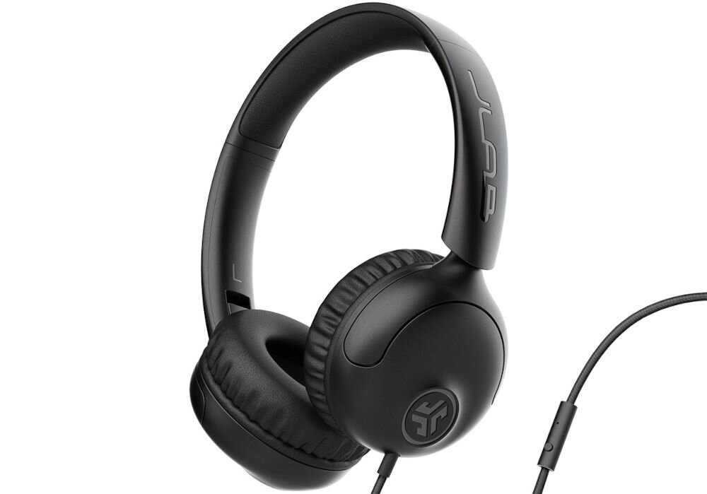 Słuchawki nauszne JLAB Wired Headset STUDIO 2, przewijanie utworów, kontrola muzyki, słuhcawki po skosie na białym tle z mikrofonem