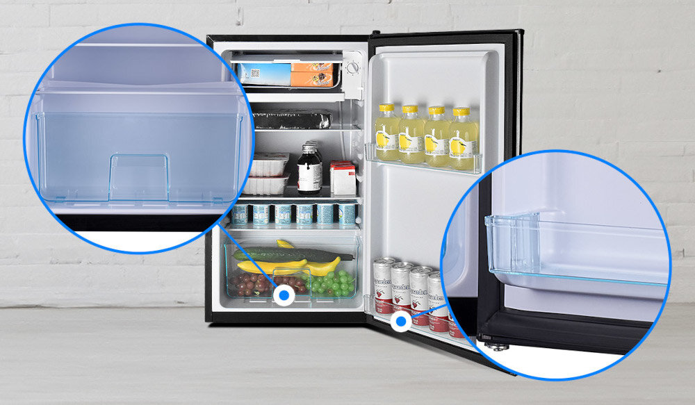 Lodówka LIN LI-BC92 83,5 cm Praktyczne wnętrze wykorzystanie przestrzeni pojemnik owoce warzywa szklana półka wygoda funkcjonalność wygodny dostęp półki na butelki