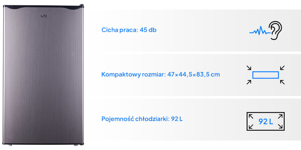 Lodówka LIN LI-BC92 83,5 cm do biura mieszkania ograniczonych przestrzeni Kompaktowe wymiary przemyślany układ wnętrza oszczędność miejsca wygoda