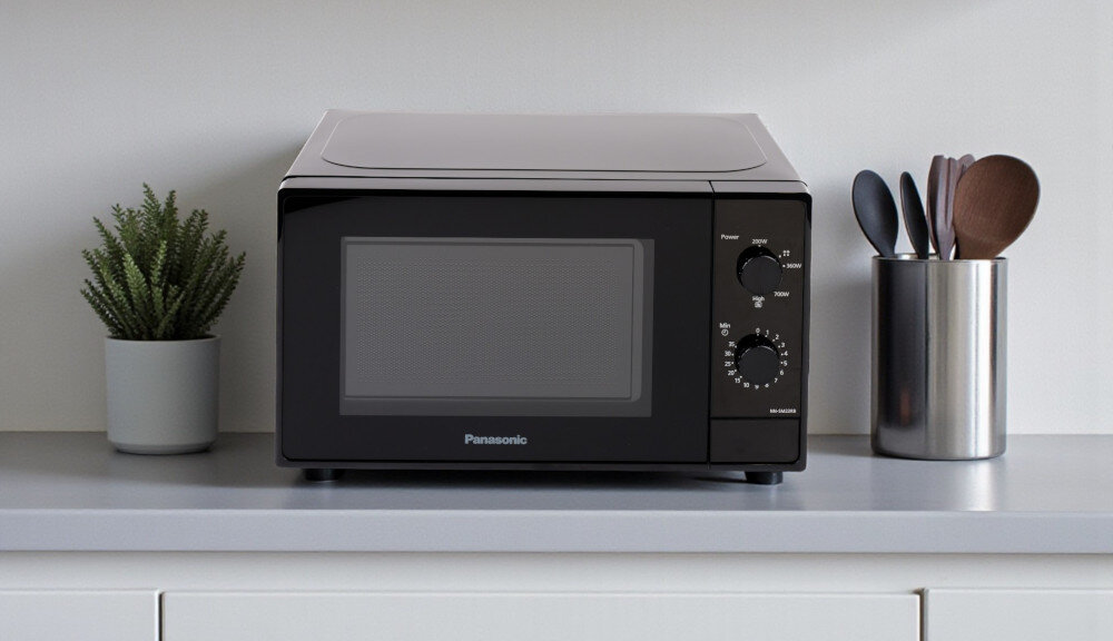 KUCHNIA MIKROFALOWA PANASONIC NN-SM22RBEVG Zdjęcie przedstawia czarną kuchenkę mikrofalową ustawioną na jasnym blacie w kuchni. Po lewej stronie znajduje się doniczka z zieloną rośliną. Po prawej ustawiono stalowy pojemnik z drewnianymi i metalowymi łyżkami. Całość utrzymana jest w minimalistycznej stylistyce 20l 800w mechaniczne sterowanie pokrętła 9 programów automatycznych 5 poziomów mocy emalia łatwoczyszcząca kompaktowe sprzęt do kuchni szybkie podgrzewanie prosta obsługa do podgrzewania potraw