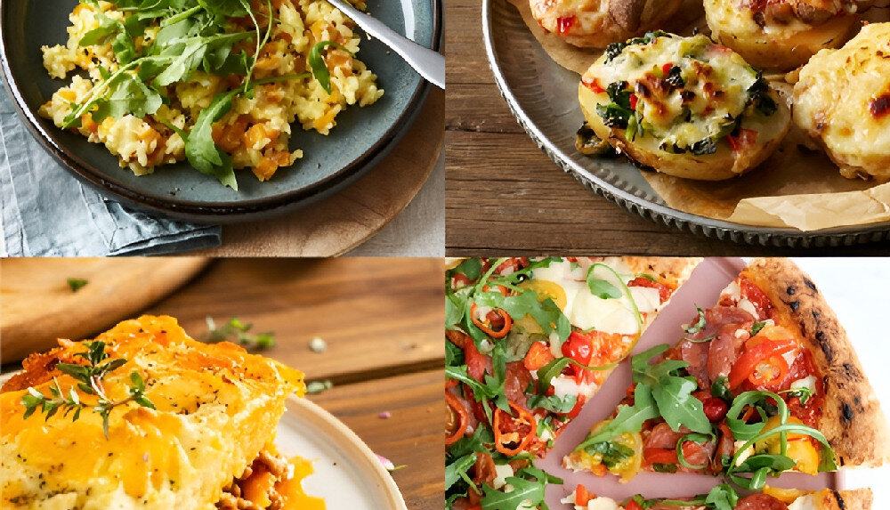 KUCHNIA MIKROFALOWA PANASONIC NN-SM22RBEVG Zdjęcie przedstawia cztery różne potrawy podane na talerzach i półmiskach. W górnym lewym rogu widoczne jest danie z ryżem i rukolą, w prawym górnym – faszerowane ziemniaki zapiekane z serem i warzywami. W lewym dolnym rogu znajduje się kawałek zapiekanki przykrytej roztopionym serem, a w prawym dolnym – pizza z rukolą i różnymi dodatkami. Wszystkie potrawy prezentują się apetycznie i zostały sfotografowane z bliska 5 poziomów mocy szybkie podgrzewanie równomierne podgrzewanie prosta obsługa mechaniczne sterowanie pokrętła wygodne gotowanie oszczędność czasu sprzęt do podgrzewania potraw