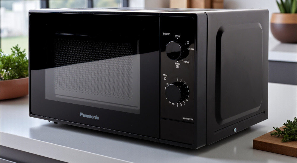 KUCHNIA MIKROFALOWA PANASONIC NN-SM22RBEVG Zdjęcie przedstawia czarną kuchenkę mikrofalową Panasonic ustawioną na jasnym blacie w kuchni. Urządzenie widoczne jest z prawej strony, z wyraźnie zaznaczonym panelem sterowania. W tle ustawiono brązowe doniczki z zielonymi roślinami. Całość utrzymana jest w minimalistycznym, jasnym stylu prosta obsługa intuicyjna obsługa pokrętła sterowanie mechaniczne ustawienie mocy ustawienie czasu szybkie uruchomienie minimalistyczny panel przyjazny użytkownikowi wygodne gotowanie urządzenie do podgrzewania