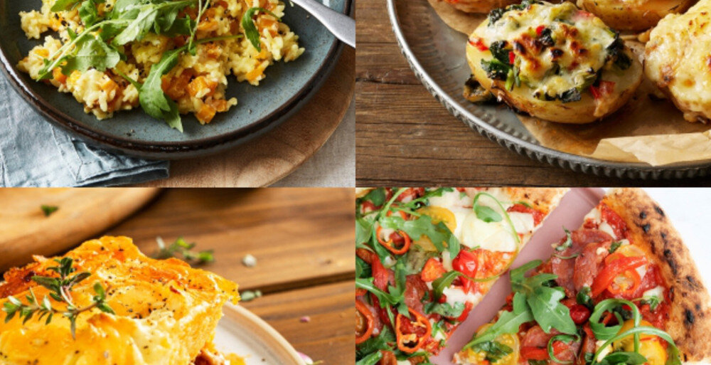 KUCHNIA MIKROFALOWA PANASONIC NN-GT21QWEPG Kolaż czterech dań: kremowe risotto z rukolą, zapiekane ziemniaki z serem i warzywami, porcja lasagne z ziołami oraz kolorowa pizza z rukolą, papryczkami i pomidorami, pokazujące różnorodne, apetyczne potrawy 12 automatycznych programów łatwe podgrzewanie gotowanie świeżych warzyw mrożona pizza świeży kurczak zapiekanie mrożonych produktów świeże ryby szybkie przygotowanie posiłków oszczędność czasu wygoda codzienne użytkowanie