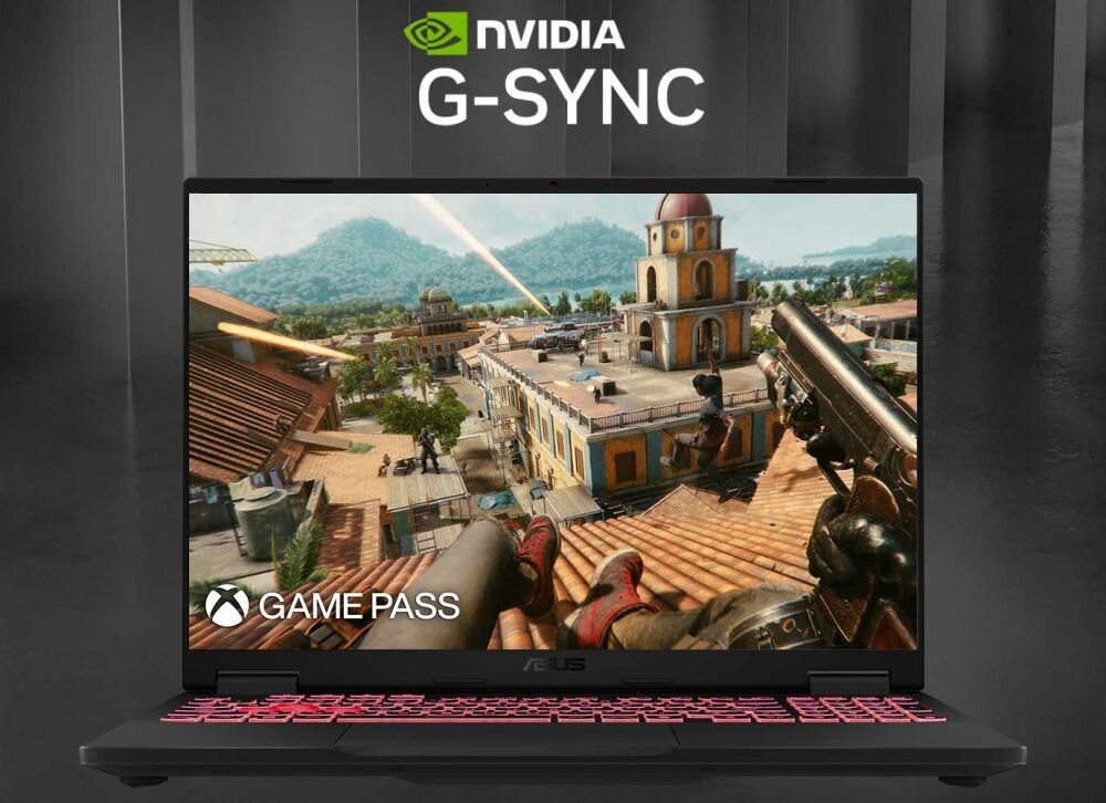 Laptop ASUS TUF Gaming z ekranem Full HD, technologią NVIDIA G-SYNC i podświetlaną klawiaturą RGB, prezentujący dynamiczną rozgrywkę z Game Pass. - ekran FHD (1920 x 1200 px) z odświeżaniem 165 Hz