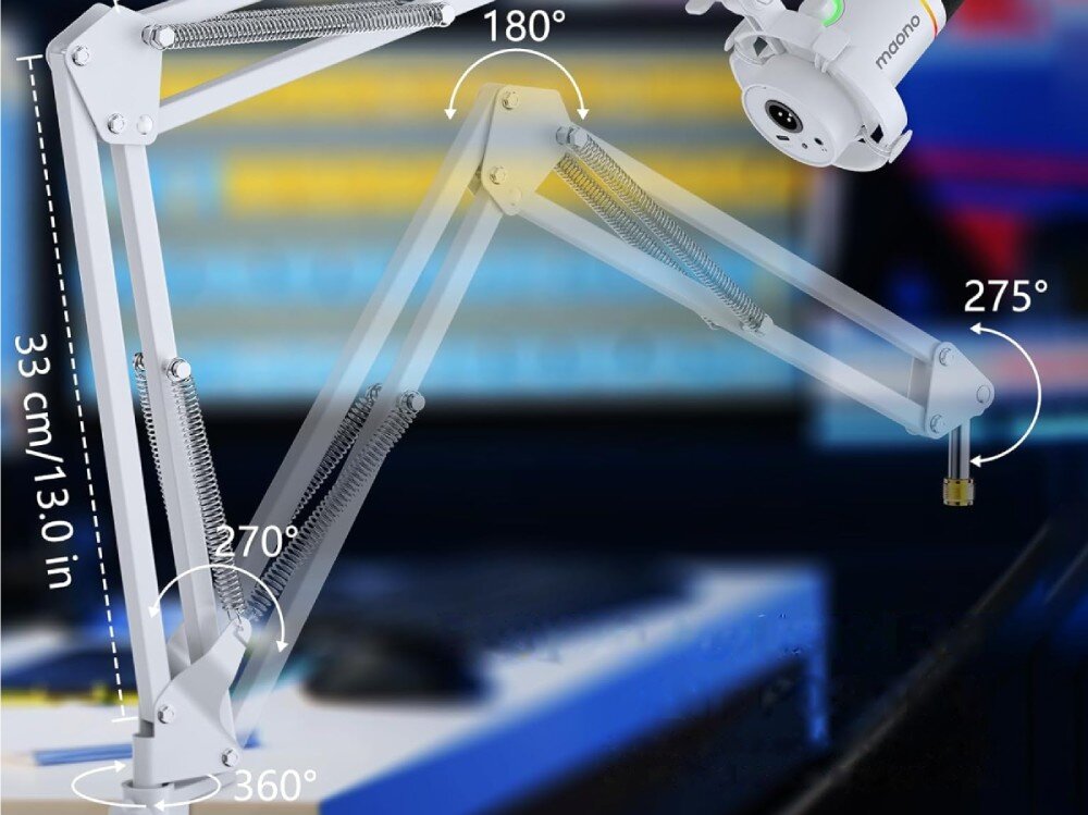 Biały uchwyt do mikrofonu z widocznymi sprężynami i oznaczeniami kątów obrotu: 180°, 270°, 275°, 360°. Na uchwycie znajduje się logo \'maono\', a obok widoczny jest napis \'33 cm/13.0 in\'.