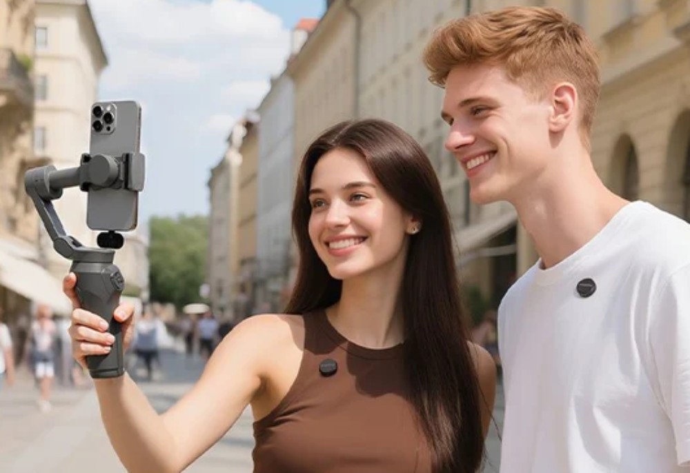 System bezprzewodowy MAONO WM650 A3 Uśmiechnięta kobieta w brązowym topie trzyma smartfon na gimbalu, robiąc selfie z mężczyzną w białym t-shircie na staromiejskiej ulicy. Oboje mają przypięte do ubrań małe, czarne, okrągłe mikrofony bezprzewodowe z logo Maono