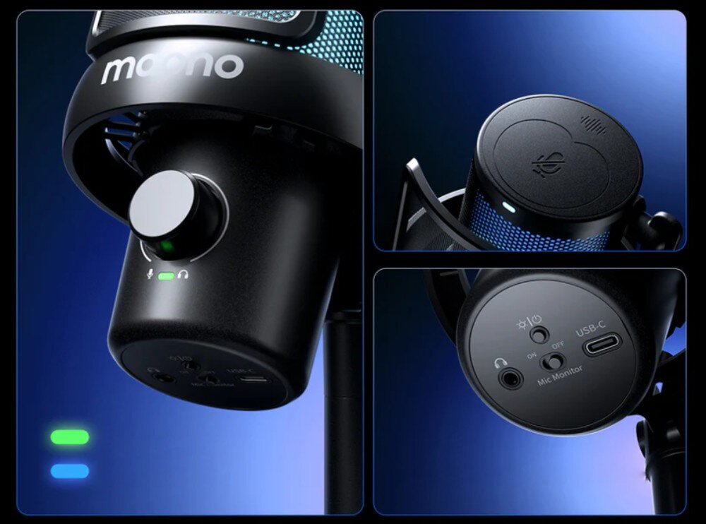 Mikrofon MAONO DM40 Pro Zbliżenie na czarny mikrofon z podświetleniem RGB, widoczne loga, pokrętło i złącza USB-C, Jack i Monitor