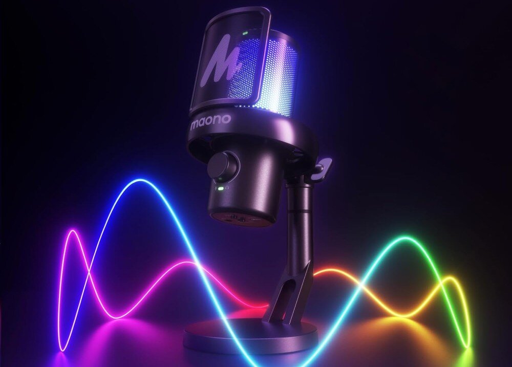 Mikrofon MAONO DM40 Pro Czarny mikrofon z podświetleniem RGB stojący na statywie biurkowym z błękitną linią RGB wokół