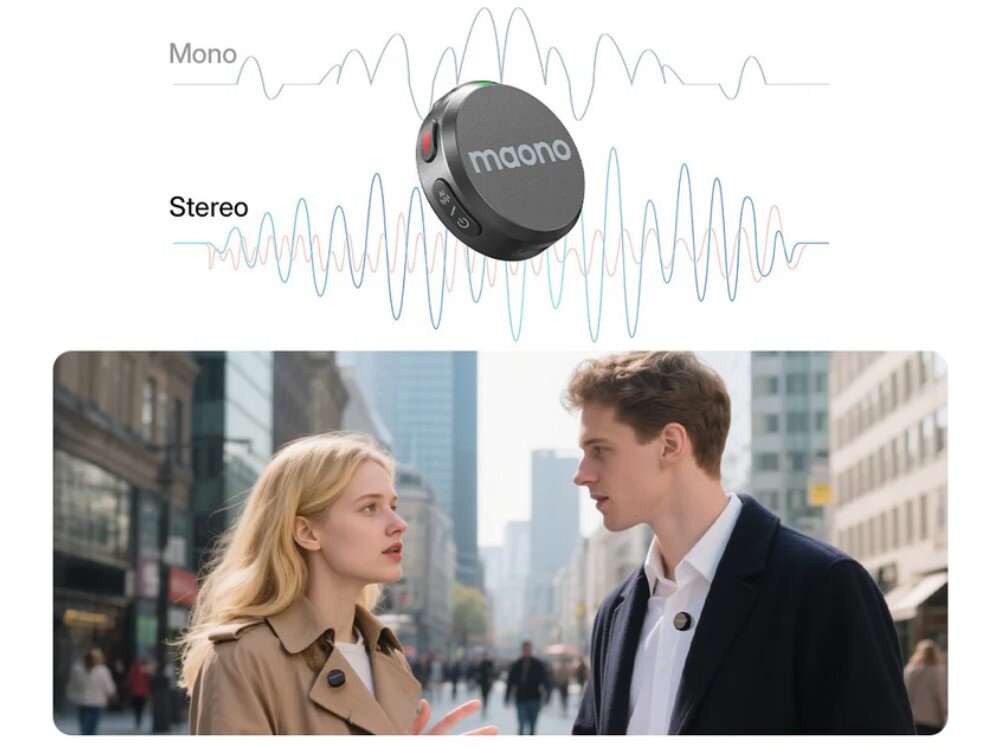 Na górze obrazu widoczny jest okrągły, czarny urządzenie z napisem \'maono\', obok którego znajdują się wykresy fal dźwiękowych z podpisami \'Mono\' i \'Stereo\'. Poniżej znajduje się zdjęcie dwóch osób rozmawiających na ulicy w mieście, z przypiętym urządzeniem na ubraniu jednej z nich.