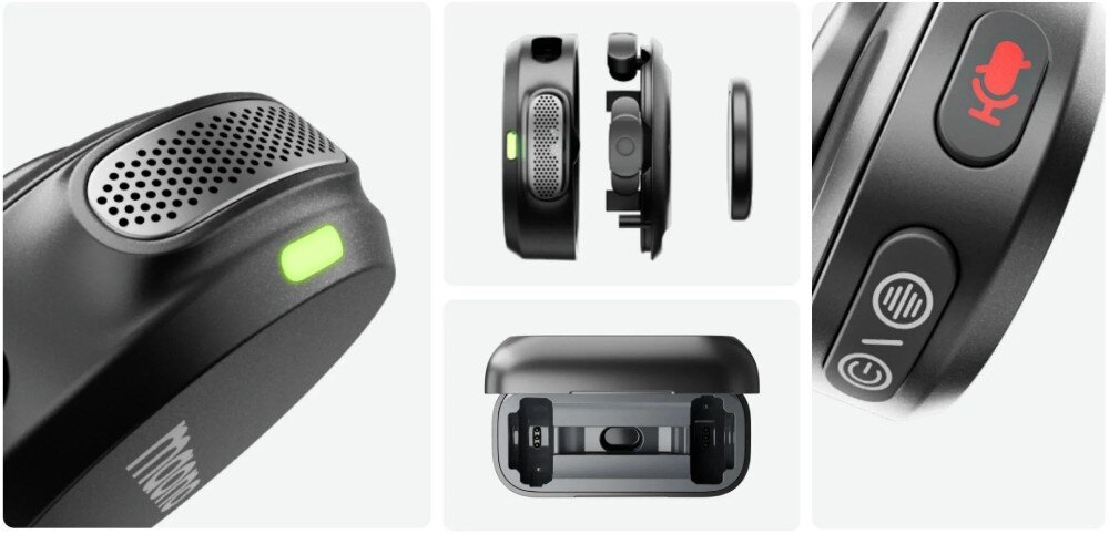 Zdjęcie przedstawia cztery ujęcia czarnego urządzenia elektronicznego z widocznymi przyciskami i otworami wentylacyjnymi. Na jednym z przycisków znajduje się ikona czerwonego mikrofonu, a na obudowie widoczny jest zielony wskaźnik świetlny.