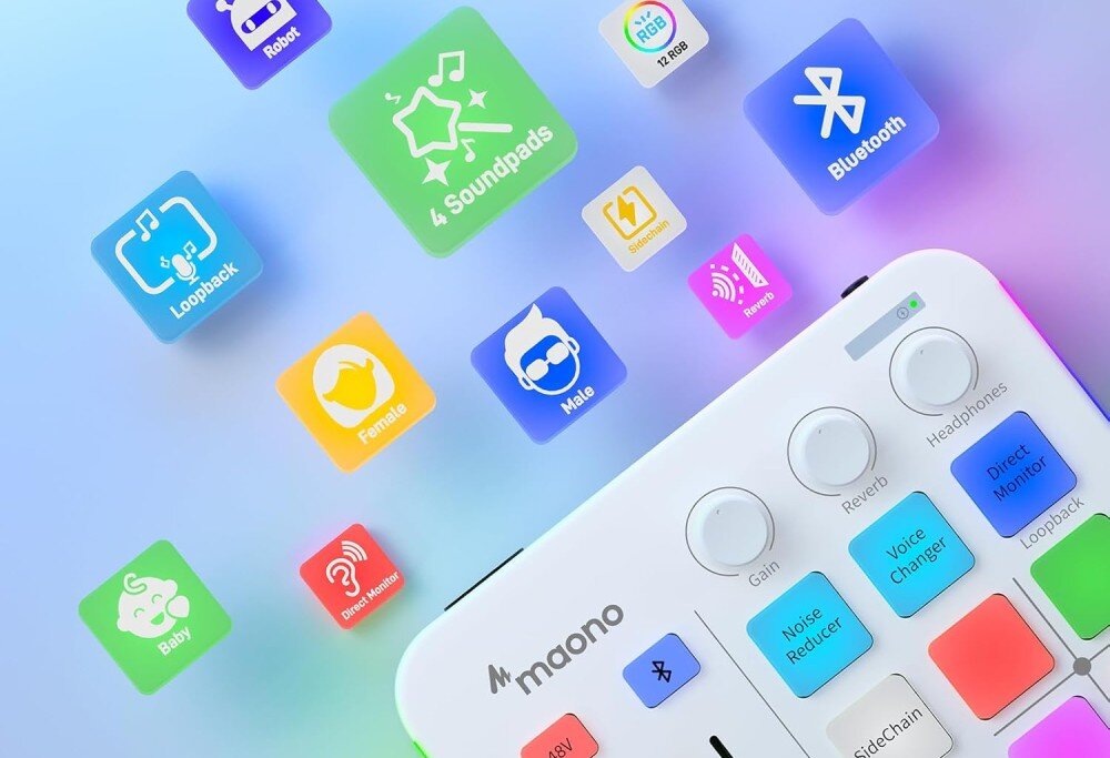 Kontroler do produkcji muzycznej i podcastów MAONO G1 Neo zbliżenie na prawą część białego panelu sterowania z widocznymi przyciskami takimi jak noise reducer czy voice changer, otoczonego przez lewitujące kolorowe ikony funkcji dodatkowych