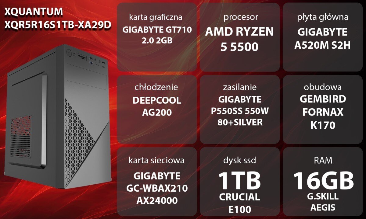 Komputer XQUANTUM XQR5R16S1TB-XA29D Grafika przedstawiająca specyfikację komputera, z podziałem na podzespoły. W lewej części znajduje się model komputera, a obok niego informacje o podzespołach, opis
