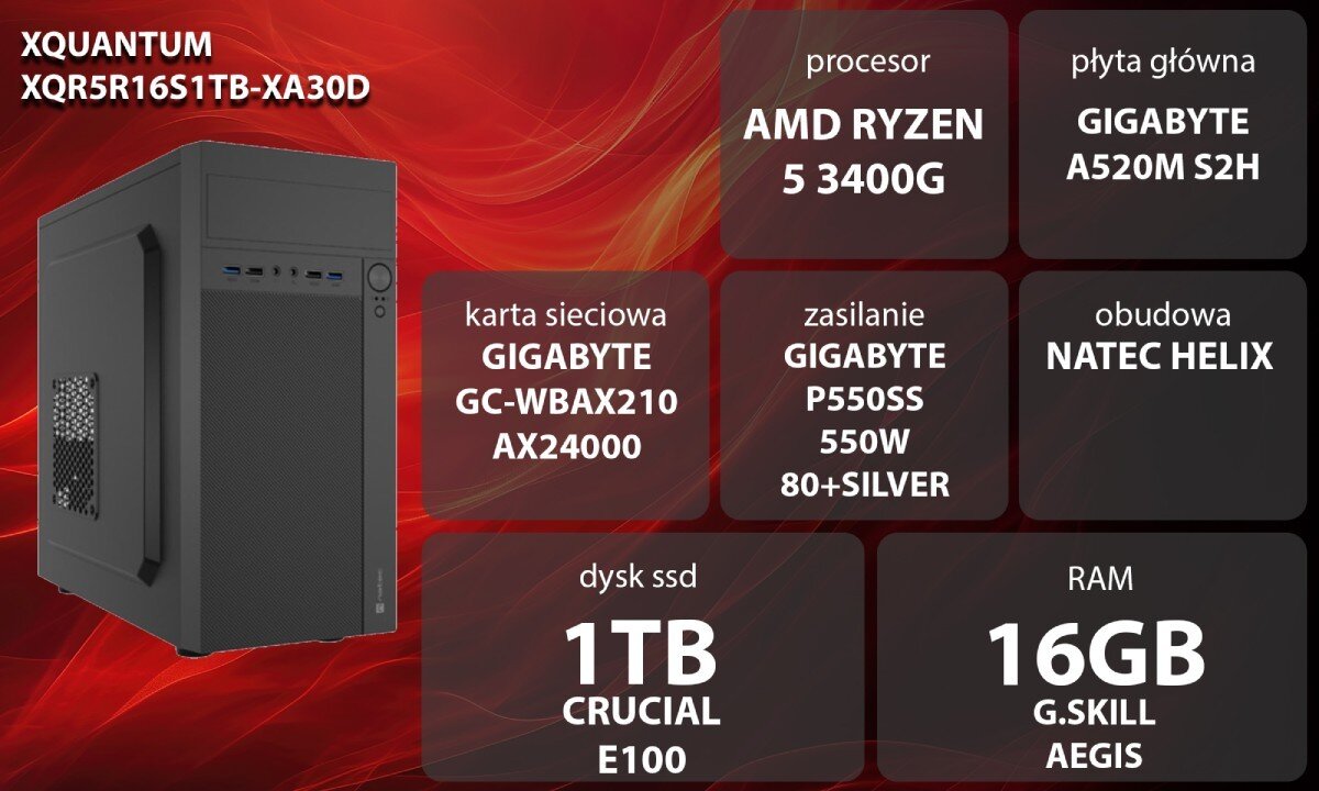 Komputer XQUANTUM XQR5R16S1TB-XA30D Grafika przedstawiająca specyfikację komputera, z podziałem na podzespoły. W lewej części znajduje się model komputera, a obok niego informacje o podzespołach, opis
