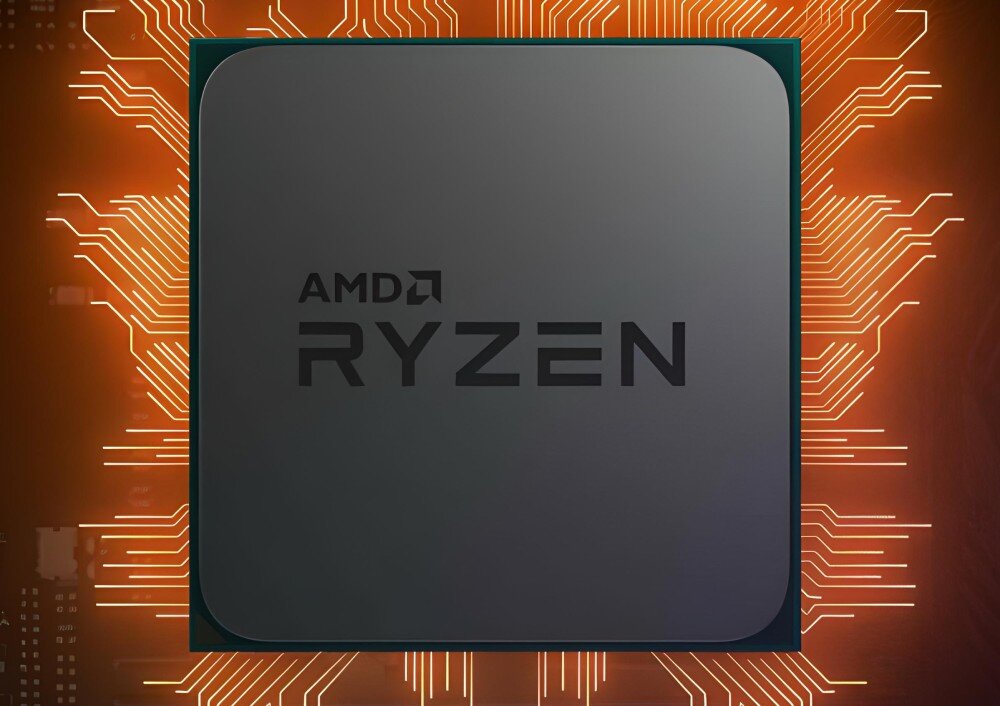 Komputer XQUANTUM XQR5R16S1TB-XA30D Procesor komputerowy z serii Ryzen w metalowej obudowie, umieszczony na tle o ciepłej, czerwonej barwie. Na powierzchni procesora wygrawerowane logo, procesor, rdzenie, szybkość