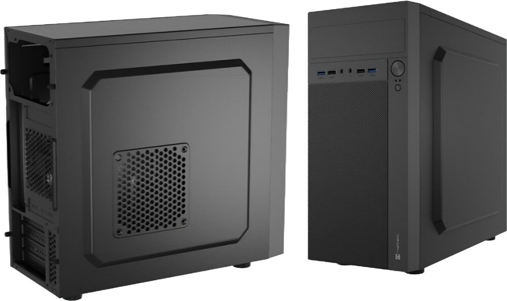 Komputer XQUANTUM XQR5R16S1TB-XA30D Górny panel obudowy komputerowej z widocznymi portami USB, gniazdami audio oraz przyciskiem zasilania. Wykończenie w formie pionowych żłobień, wygląd, wentylacja, porty
