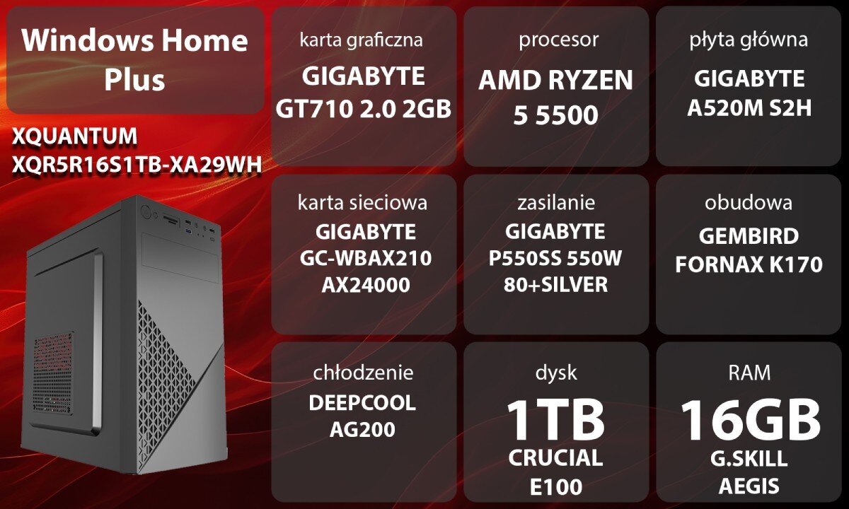 Komputer XQUANTUM XQR5R16S1TB-XA29WH Grafika przedstawiająca specyfikację komputera, z podziałem na podzespoły. W lewej części znajduje się model komputera, a obok niego informacje o podzespołach, opis