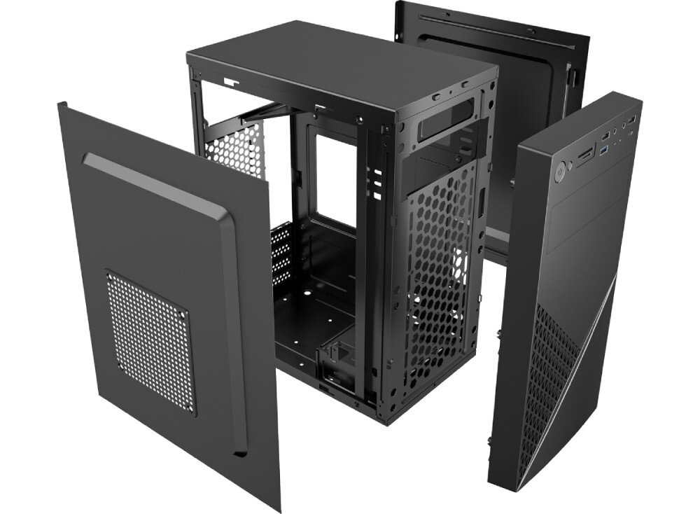 Komputer XQUANTUM XQR5R16S1TB-XA31D Rozłożona na części obudowa komputera z widocznymi panelami bocznymi, przednim i ramą wewnętrzną, obudowa, wygląd, porty, wielkość