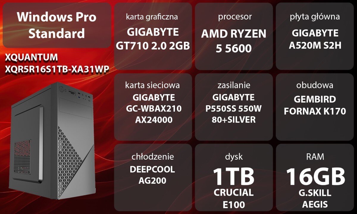 Komputer XQUANTUM XQR5R16S1TB-XA31WP Grafika przedstawiająca specyfikację komputera, z podziałem na podzespoły. W lewej części znajduje się model komputera, a obok niego informacje o podzespołach, opis