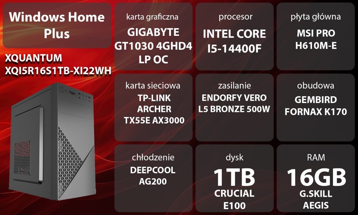 Komputer XQUANTUM XQI5R16S1TB-XI22WH Grafika przedstawiająca specyfikację komputera, z podziałem na podzespoły. W lewej części znajduje się model komputera, a obok niego informacje o podzespołach, opis