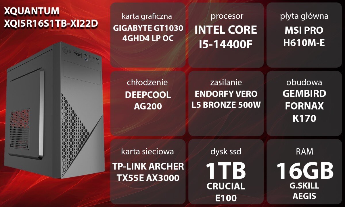 Komputer XQUANTUM XQI5R16S1TB-XI22D Grafika przedstawiająca specyfikację komputera, z podziałem na podzespoły. W lewej części znajduje się model komputera, a obok niego informacje o podzespołach, opis