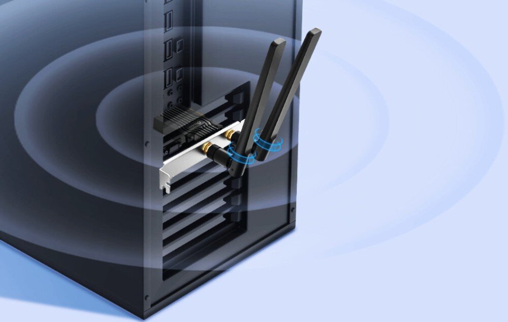 Komputer XQUANTUM XQI5R16S1TB-XI22WP Karta sieciowa PCIe w czarnej obudowie z logo producenta, wyposażona w złote złącza antenowe, karta sieciowa Wi-Fi 6E, pasma, przepustowość, Bluetooth