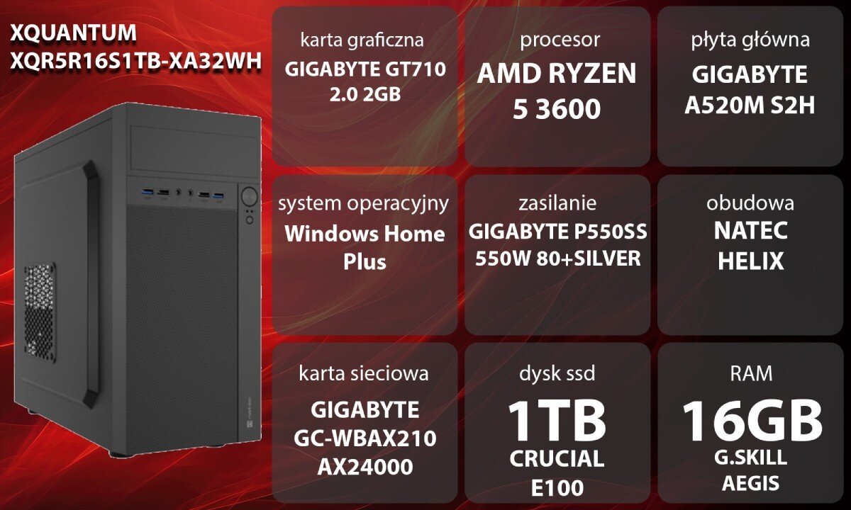 Komputer XQUANTUM XQR5R16S1TB-XA32WH Grafika przedstawiająca specyfikację komputera, z podziałem na podzespoły. W lewej części znajduje się model komputera, a obok niego informacje o podzespołach, opis