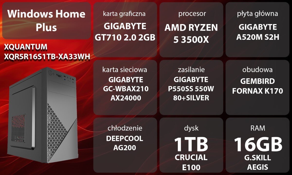Komputer XQUANTUM XQR5R16S1TB-XA33WH Grafika przedstawiająca specyfikację komputera, z podziałem na podzespoły. W lewej części znajduje się model komputera, a obok niego informacje o podzespołach, opis