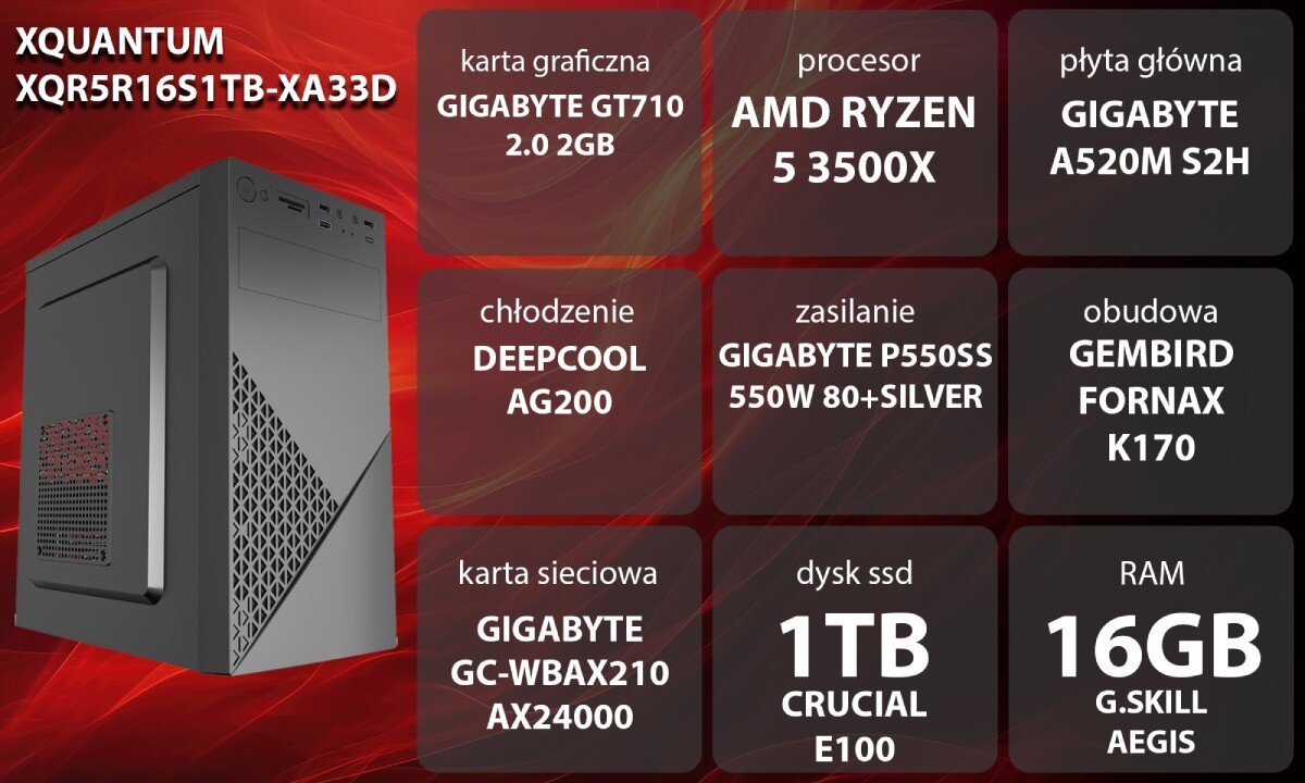 Komputer XQUANTUM XQR5R16S1TB-XA33D Grafika przedstawiająca specyfikację komputera, z podziałem na podzespoły. W lewej części znajduje się model komputera, a obok niego informacje o podzespołach, opis