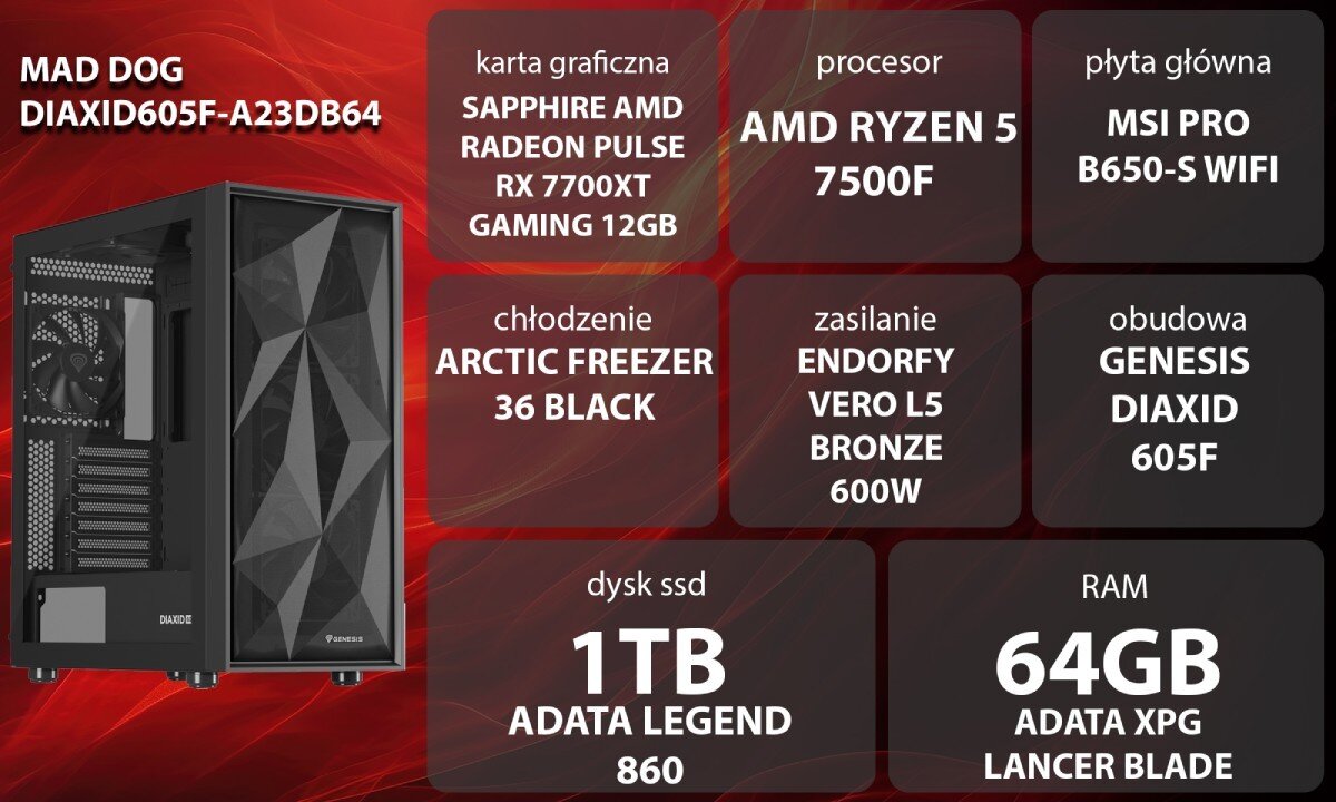 Komputer MAD DOG DIAXID605F-A23DB64 Grafika przedstawiająca specyfikację komputera, z podziałem na podzespoły. W lewej części znajduje się model komputera, a obok niego informacje o podzespołach, opis