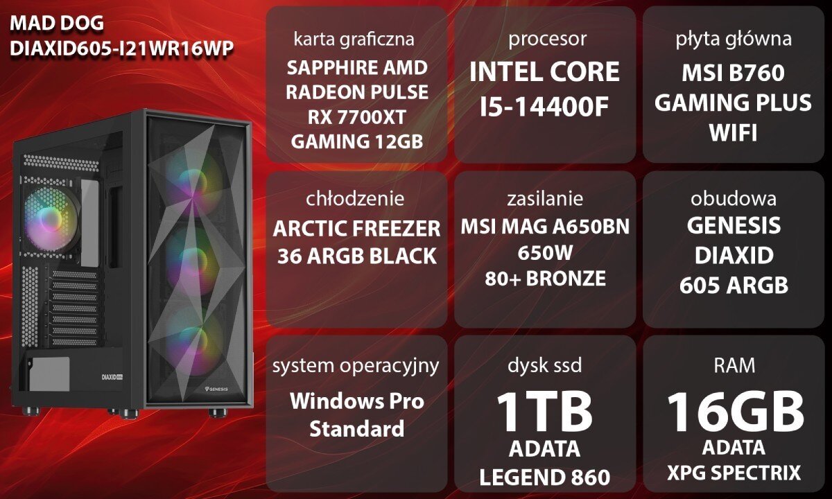 Komputer MAD DOG DIAXID605-I21WR16WP Grafika przedstawiająca specyfikację komputera, z podziałem na podzespoły. W lewej części znajduje się model komputera, a obok niego informacje o podzespołach, opis