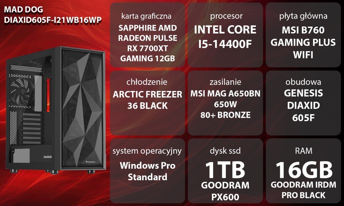 Komputer MAD DOG DIAXID605F-I21WB16WP Grafika przedstawiająca specyfikację komputera, z podziałem na podzespoły. W lewej części znajduje się model komputera, a obok niego informacje o podzespołach, opis