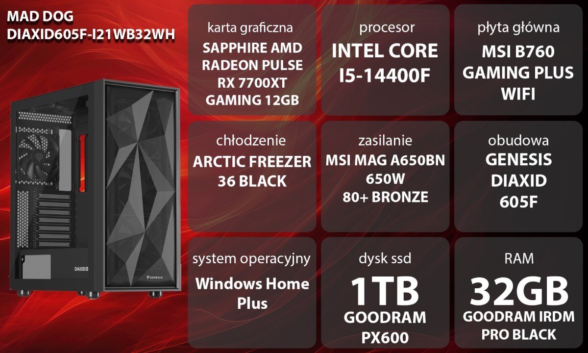 Komputer MAD DOG DIAXID605F-I21WB32WH Grafika przedstawiająca specyfikację komputera, z podziałem na podzespoły. W lewej części znajduje się model komputera, a obok niego informacje o podzespołach, opis