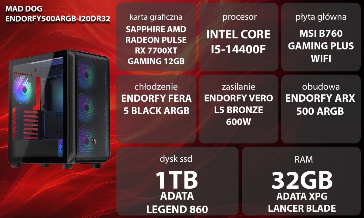 Komputer MAD DOG ENDORFY500ARGB-I20DR32 Grafika przedstawiająca specyfikację komputera, z podziałem na podzespoły. W lewej części znajduje się model komputera, a obok niego informacje o podzespołach, opis