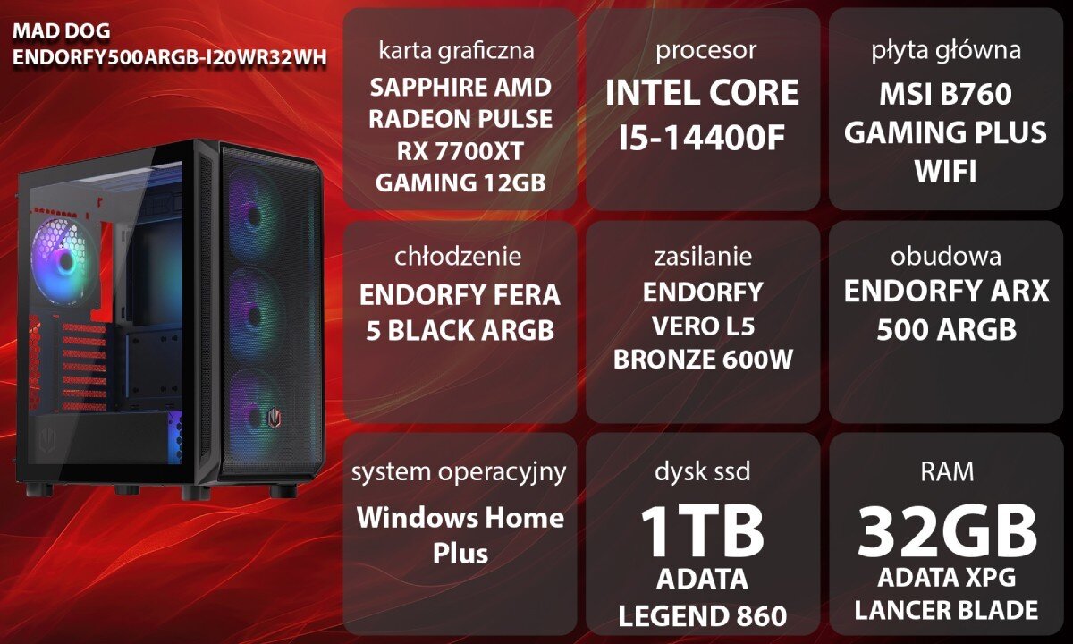 Komputer MAD DOG ENDORFY500ARGB-I20WR32WH Grafika przedstawiająca specyfikację komputera, z podziałem na podzespoły. W lewej części znajduje się model komputera, a obok niego informacje o podzespołach, opis