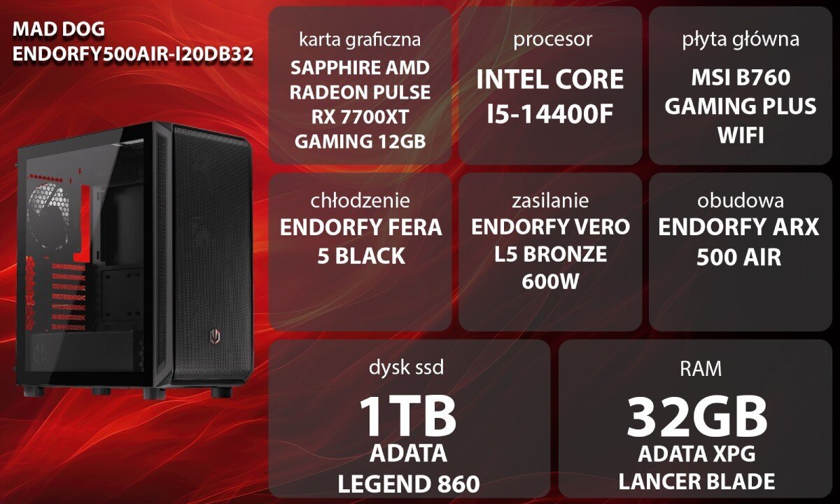 Komputer MAD DOG ENDORFY500AIR-I20DB32 Grafika przedstawiająca specyfikację komputera, z podziałem na podzespoły. W lewej części znajduje się model komputera, a obok niego informacje o podzespołach, opis