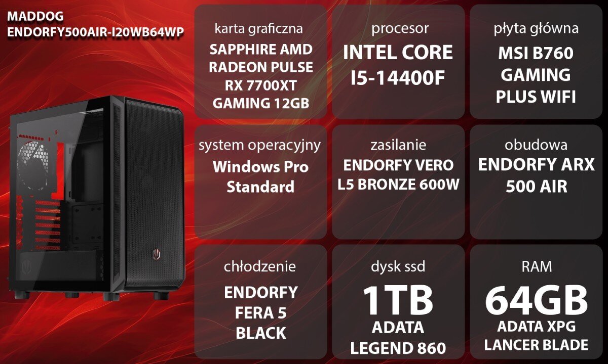 Komputer MAD DOG ENDORFY500AIR-I20WB64WP Grafika przedstawiająca specyfikację komputera, z podziałem na podzespoły. W lewej części znajduje się model komputera, a obok niego informacje o podzespołach, opis