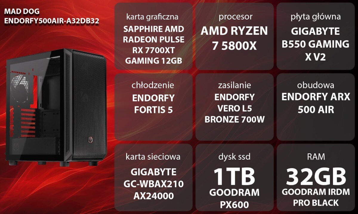 Komputer MAD DOG ENDORFY500AIR-A32DB32 Grafika przedstawiająca specyfikację komputera, z podziałem na podzespoły. W lewej części znajduje się model komputera, a obok niego informacje o podzespołach, opis