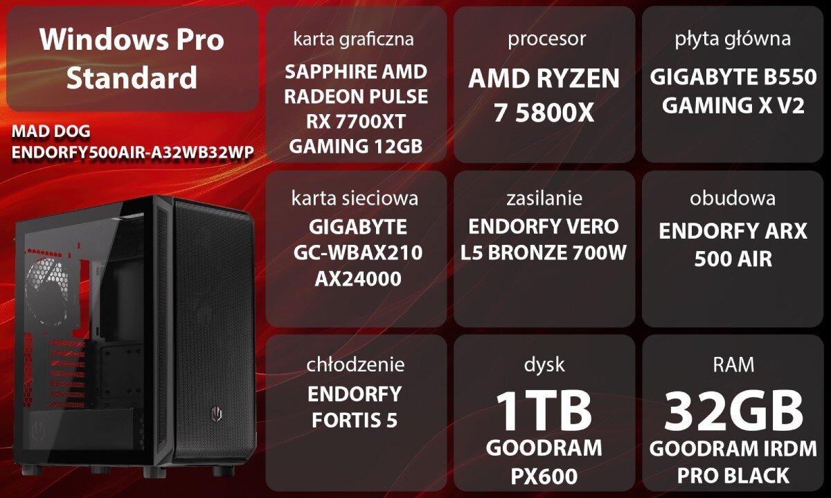 Komputer MAD DOG ENDORFY500AIR-A32WB32WP Grafika przedstawiająca specyfikację komputera, z podziałem na podzespoły. W lewej części znajduje się model komputera, a obok niego informacje o podzespołach, opis