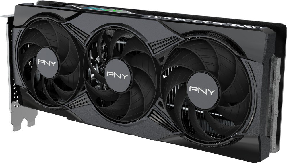 Karta graficzna z trzema wentylatorami, na których widnieje logo PNY. Na obudowie znajduje się napis \'GEFORCE RTX 5070\' oraz kolorowe podświetlenie ARGB.