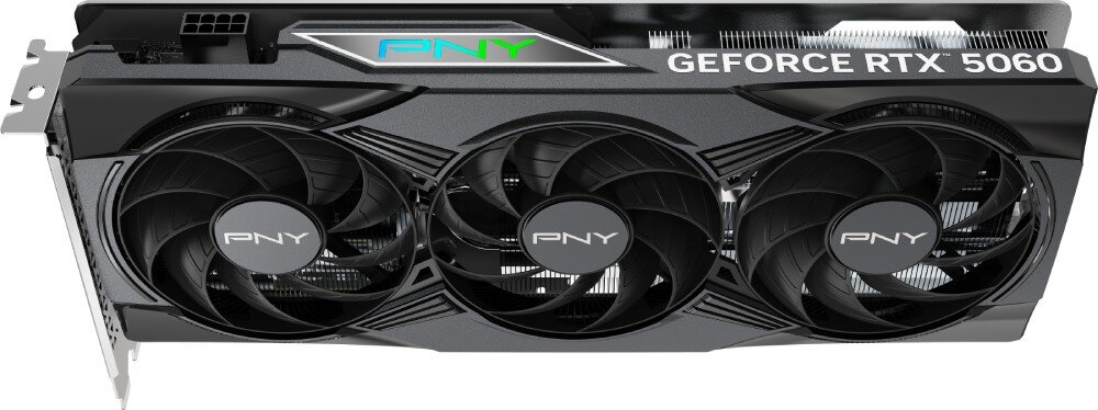 Karta graficzna z trzema wentylatorami, na której widoczne są napisy \'PNY\' i \'GEFORCE RTX 5070\'. Obudowa karty posiada podświetlenie RGB w różnych kolorach.