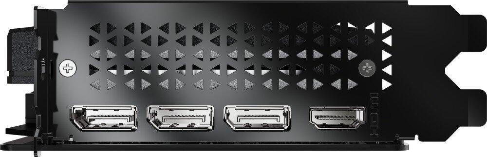 Obraz przedstawia tylną część karty graficznej z trzema portami DisplayPort i jednym portem HDMI. Widoczna jest perforowana osłona z geometrycznym wzorem oraz elementy podświetlenia RGB.